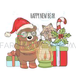 bear lamp new year animal cartoon card vector illustration set