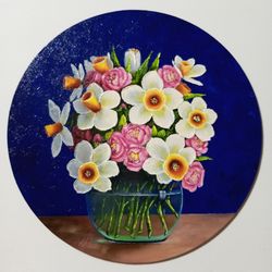 Floral painting Narcissus and Ranunculus Pink 12x12inches stretched on cardboard Original Oil painting Wall art