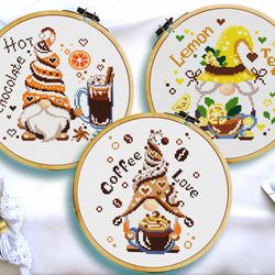 Gnome cross stitch, Coffee cross stitch, Hot chocolate, Lemon tea cross stitch, Teacup cross stitch, Digital PDF