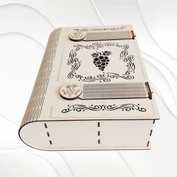 Wine box stylized as a book, digital file for laser cutting. Holder for bottle and glasses, digital download drawing.