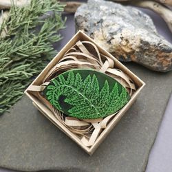 Handmade green Brooch With Fern Imprint