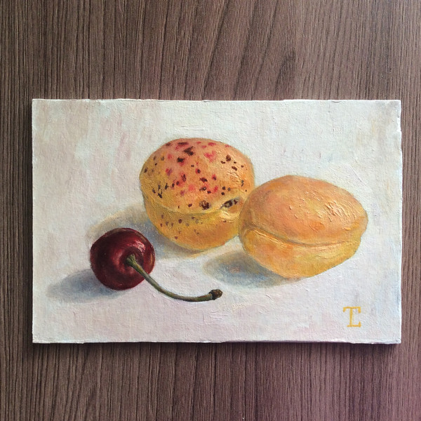 "Apricots with cherry" artwork oil painting original wall art stilllife fruit picture