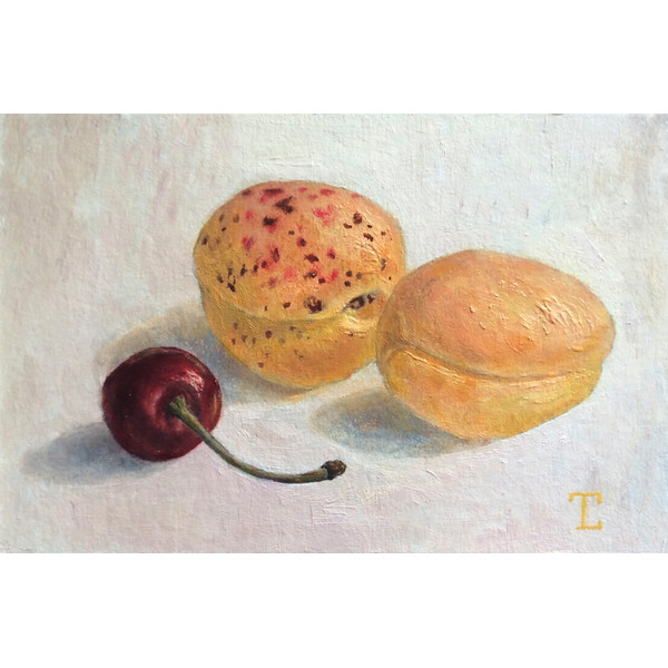"Apricots with cherry" artwork oil painting original wall art stilllife fruit picture
