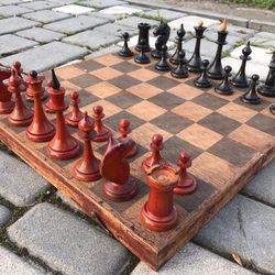 Stalin Era antique wooden chess set USSR, Soviet chess 1953 made, Russian red black 70 years old chessmen vintage