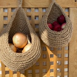 Hanging storage baskets.Crochet wall jute storage. Onion-garlic, fruit, nuts basket storage. Vegetable organizer. Decor