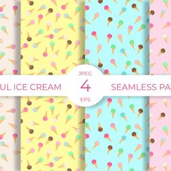 Colorful ice cream waffle cones seamless pattern. Ice cream digital paper