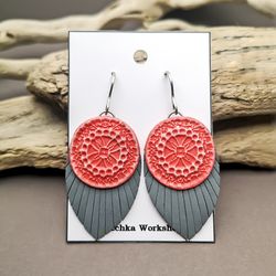 Handmade Polymer Clay leather Coral Gray  Earrings