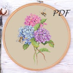 Cross stitch Bumblebees in hydrangeas cross stitch patterns design for embroidery pdf