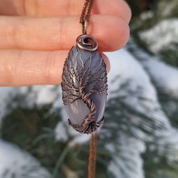 7th anniversary gift for wife, agate wire wrapped tree of life copper pendant, copper anniversary wedding gift for her
