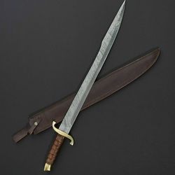 Modern Combat Sword Hand Forged Damascus Steel Leather Sheath