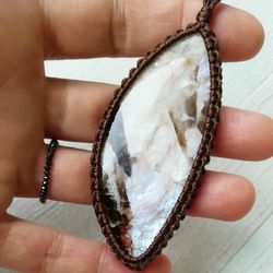 Large BELOMORITE MOONSTONE with Smoky quartz inclusion, Russian stone pendant for women