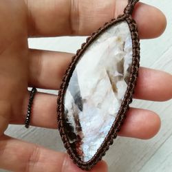 large belomorite moonstone with smoky quartz inclusion, russian stone pendant for women