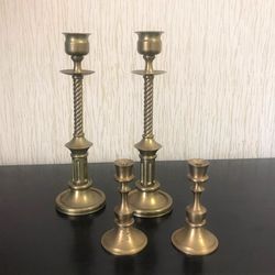 Antique brass candlesticks, Old vintage candle holders, Set of 4 candelabrum