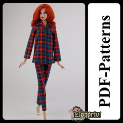 pdf pattern pajamas for 11 1/2 fashion royalty, fr2 pivotal, repro, curvy, made-to-move, silkstone barbie