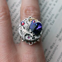 Handmade Unique Steampunk Ring from vintage USSR watch movement with Swarovski