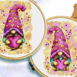 Valentine gnome cross stitch pattern, Heart cross stitch, Love cross stitch, Valentines day, Digital download PDF