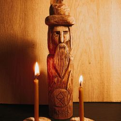 Oaken Idol of god Odin. Pagan idol. Norse Tradition