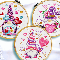 Valentine gnome cross stitch pattern, Heart cross stitch, Love cross stitch, Valentines day, Digital download PDF