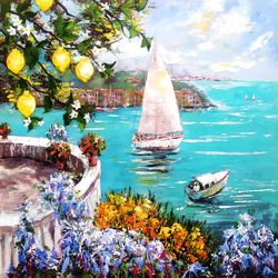 Italy Painting Amalfi Original Art Sea Painting Impasto Large Oil Painting Flowers Canvas Art 32x32 inches