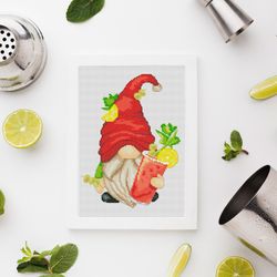 Gnome with a cocktail Bloody Mary, Cross stitch pattern, Gnome cross stitch, Cocktail cross stitch, Modern cross stitch