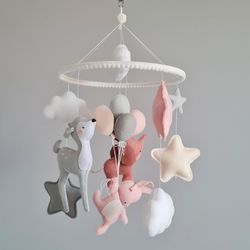 Baby girl mobile, Nursery decor, Deep Bunny Elephant felt hanging mobile, Pink crib mobile