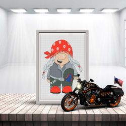 Girl biker, Gnome cross stitch, Girl cross stitch, Motorcycle cross stitch, Cross stitch pattern