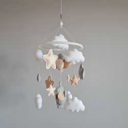 Felt hanging crib toy, Neutral baby mobile, Elephant beige nursery decor