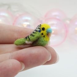 Tiny needle felted green budgie, miniature budgie