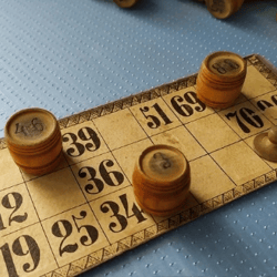 Antique 1930s Russian Lotto vintage, old soviet wooden bingo numbers 90