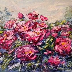 Oil Painting Peony Flowers Bushes Landscape Impasto Original Artist Svinar Oksana
