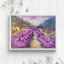 provence lavender field mountains painting original oil art artist svinar oksana