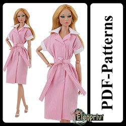 pdf pattern robe-dress for 11 1/2 fashion royalty, fr2, pivotal, repro, curvy, made-to-move, silkstone barbie doll