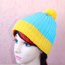 Blue Yellow Cartman,mens knit hat,personalized gift,South Park Cosplay pompom,hat unisex,beer hat,hat for teenagers,cozy