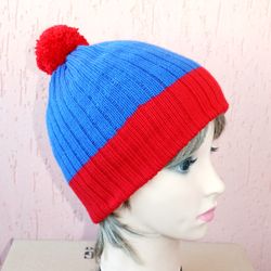 Red Blue Stan,Knit Cap Costume, beanie hat, South Park Cosplay pompom,fisherman hat,mens knit hat,hat for teenagers, hun