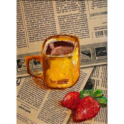 Coffee Cup painting, Original Food Still Life, Strawberry Wall Art, Newspaper art
