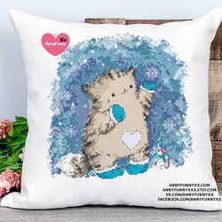 Cute cat cross stitch pattern PDF Blue snow Embroidery needlepoint design Funny cats gifts for women Tiny kitten