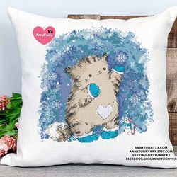 cute cat cross stitch pattern pdf blue snow embroidery needlepoint design funny cats gifts for women tiny kitten