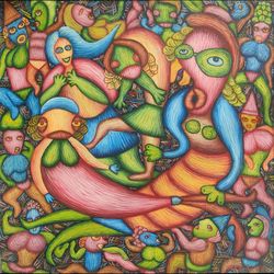 abstract figurative painting on canvas nice joke, colored funny faces painting, modern textured handmade art