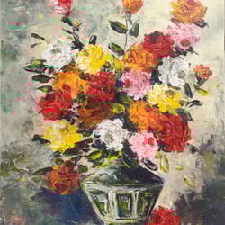 bright flowers in vase, still life flowers, acrylic original canvas, abstract drawing art