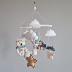 Baby mobile for boy with plane, bear, rainbow and stars clouds Baby shower gift