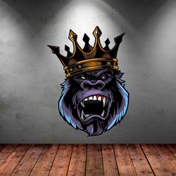 Ferocious Gorilla Head With Crown, Gorilla Sticker, Wall Sticker Vinyl Decal Mural Art Decor Full Color Sticker