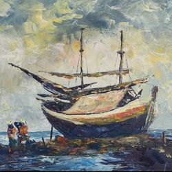 boat in sea blue living room art, acrylic seascape canvas, abstract ocean drawing art