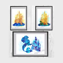 The Little Mermaid castle set Disney Art Print Digital Files decor nursery room watercolor