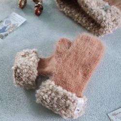 Wool mittens for women, Angora winter gloves, Knitted costume mittens, Gift for her