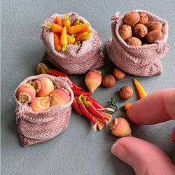 Miniature set of vegetables in bags for dollhouse games, scale 1:12, miniature pastries