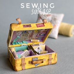 Miniature doll case with sewing accessories for playing in a dollhouse, scale 1:12