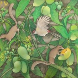 sweet mango, chipmunk on tree, acrylic detailed professional artwork, nature wall art