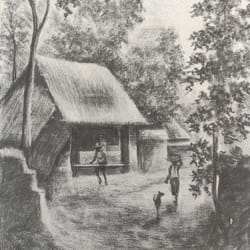 hovel hut shack original charcoal painting on canvas, nature illustration