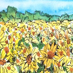 Sunflower Original Watercolor painting Flower Original Art Floral Artwork landscape wall art 5 by 7
