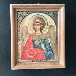 St Michael | Lithography print in wooden frame covered with glass | Size: 16 x 13 x 2 cm (6" x 5")